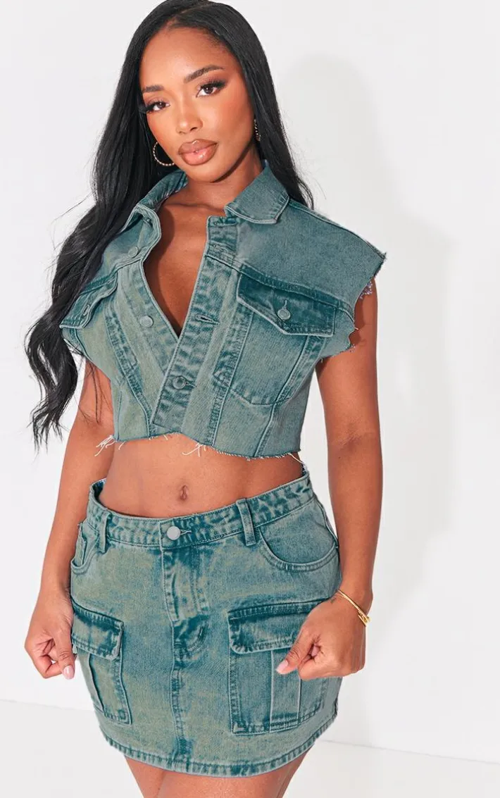 Shape Vintage Wash Denim Low Rise Micro Mini Skirt