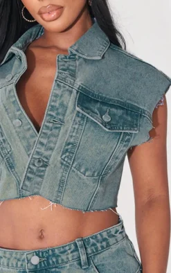 Shape Vintage Wash Washed Denim Raw Hem Edge Cropped Jacket