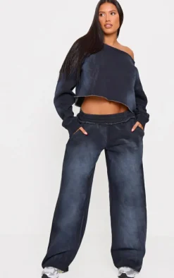 Shape Washed Black Distressed Waistband Wide Leg Sweatpants