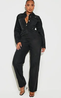 Shape Washed Black Long Sleeve Rigid Denim Jumpsuit