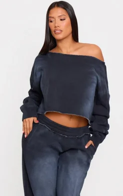 Shape Washed Black Raw Edge Off Shoulder Cropped Sweatshirt