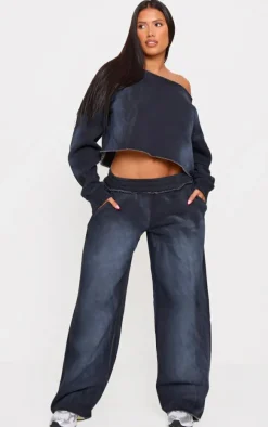 Shape Washed Black Raw Edge Off Shoulder Cropped Sweatshirt