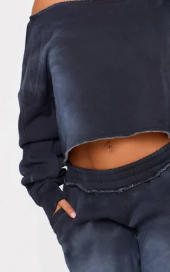Shape Washed Black Raw Edge Off Shoulder Cropped Sweatshirt