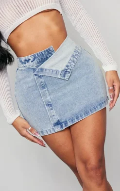 Shape Washed Blue Denim Foldover Waist Mini Skirt