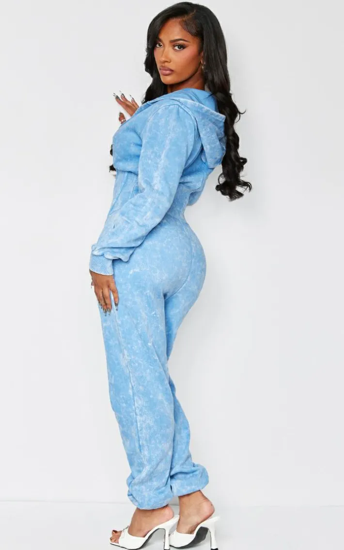 Shape Washed Blue Long Sleeve Cinched Waist Jumpsuit