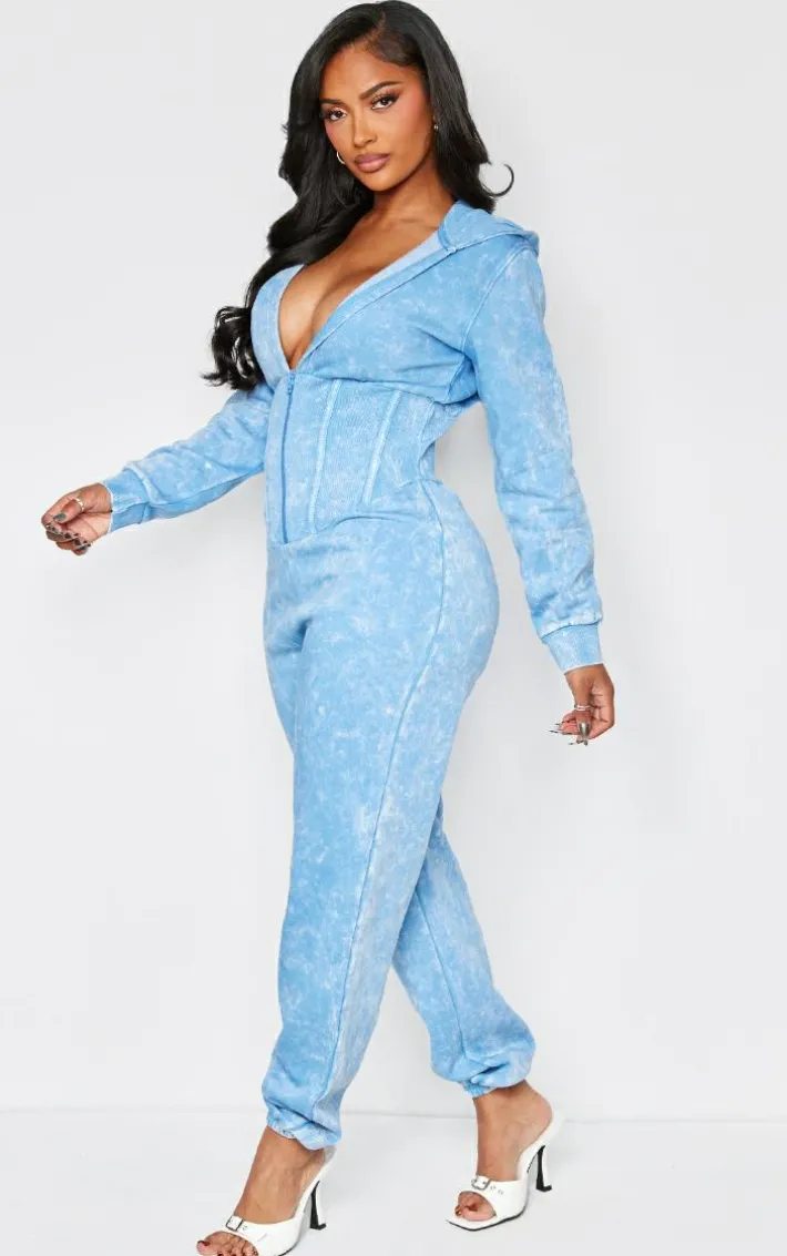 Shape Washed Blue Long Sleeve Cinched Waist Jumpsuit
