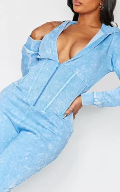 Shape Washed Blue Long Sleeve Cinched Waist Jumpsuit