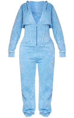 Shape Washed Blue Long Sleeve Cinched Waist Jumpsuit