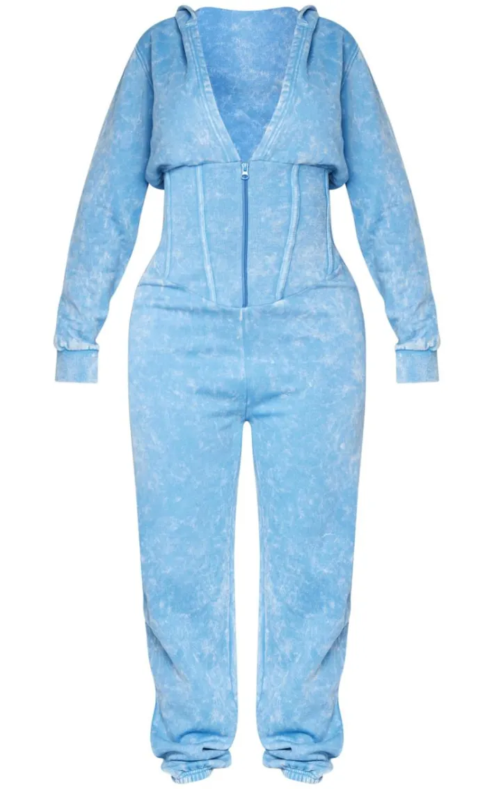 Shape Washed Blue Long Sleeve Cinched Waist Jumpsuit