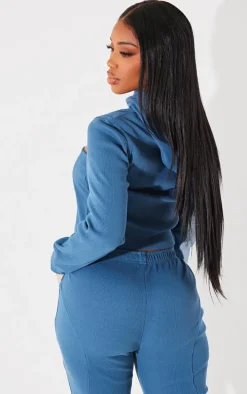 Shape Washed Blue Rib Cut Out Front Hoodie