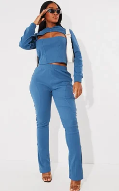 Shape Washed Blue Rib Seam Detail Flare Pants