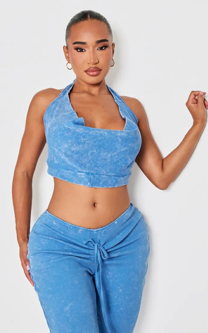 Shape Washed Blue Ribbed Halterneck Cowl Crop Top