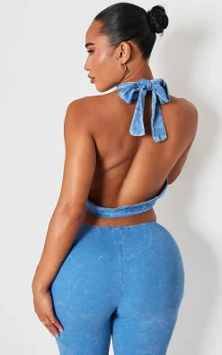 Shape Washed Blue Ribbed Halterneck Cowl Crop Top