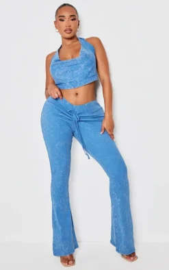 Shape Washed Blue Ribbed Halterneck Cowl Crop Top
