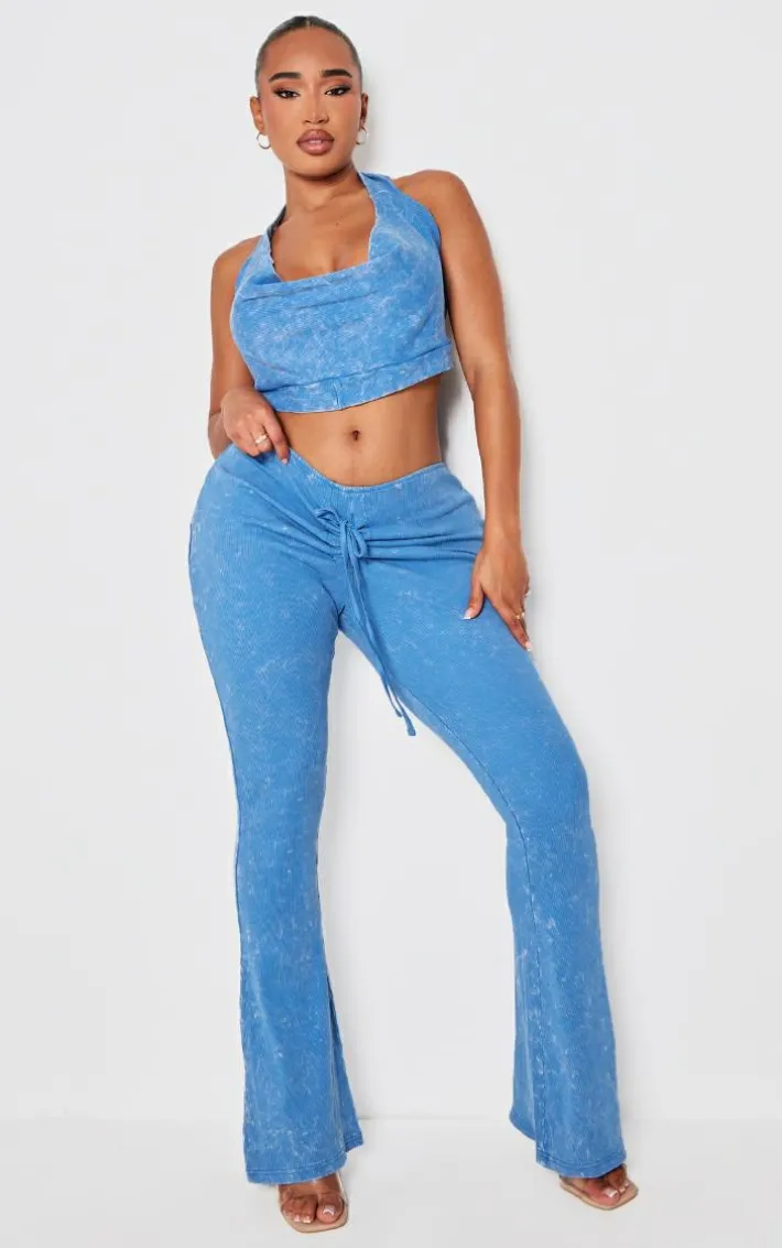 Shape Washed Blue Ribbed Halterneck Cowl Crop Top