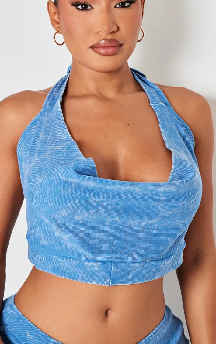 Shape Washed Blue Ribbed Halterneck Cowl Crop Top
