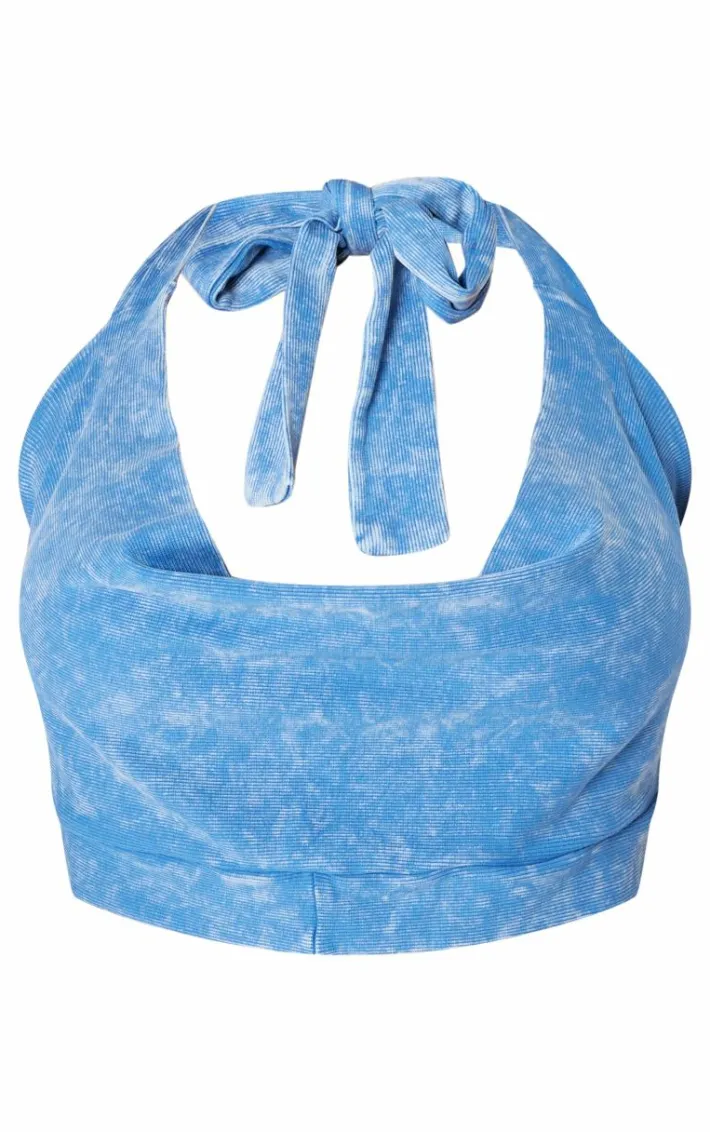 Shape Washed Blue Ribbed Halterneck Cowl Crop Top