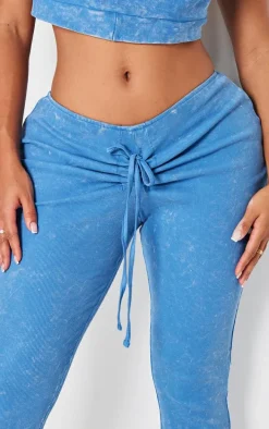 Shape Washed Blue Washed Ribbed Ruched Front Flare Pants