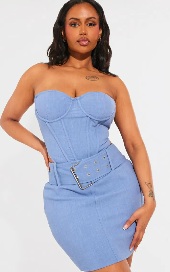 Shape Washed Blue Woven Boning Bandeau Corset