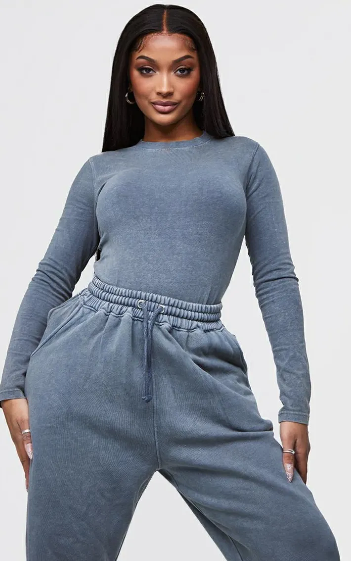 Shape Washed Charcoal Cotton Long Sleeve Crew Neck Bodysuit