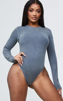 Shape Washed Charcoal Cotton Long Sleeve Crew Neck Bodysuit