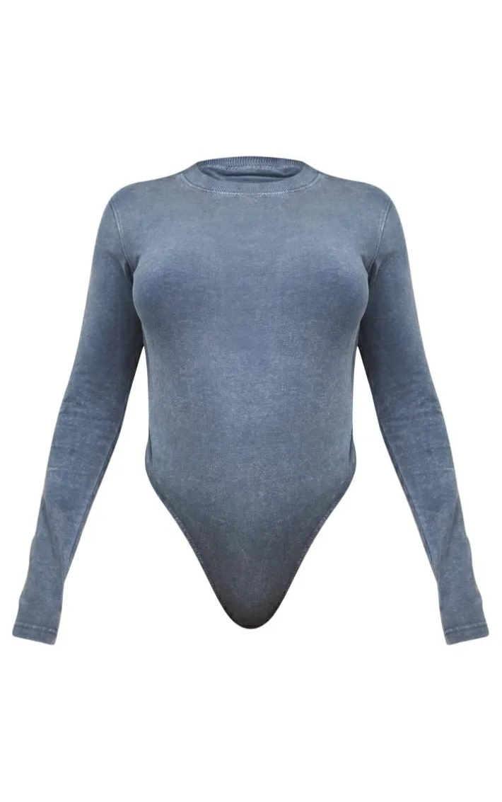 Shape Washed Charcoal Cotton Long Sleeve Crew Neck Bodysuit