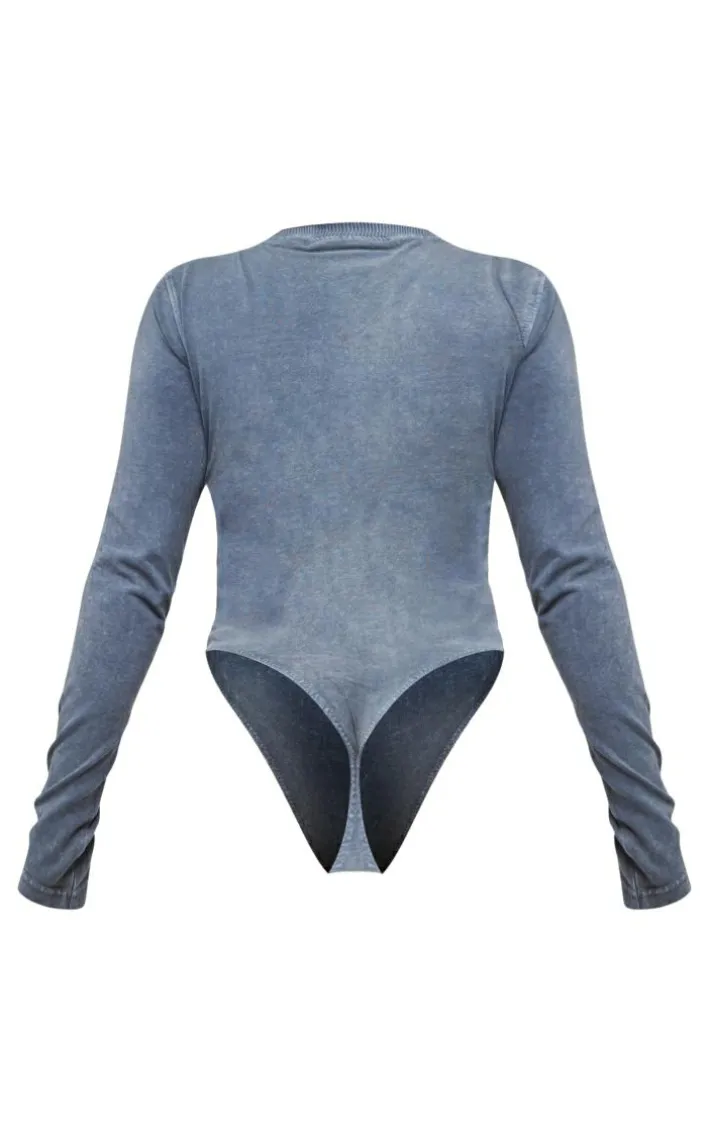 Shape Washed Charcoal Cotton Long Sleeve Crew Neck Bodysuit