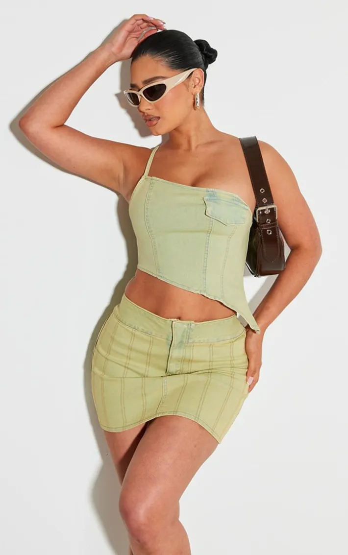 Shape Washed Green Denim One Shoulder Asymmetric Seam Detail Crop Top