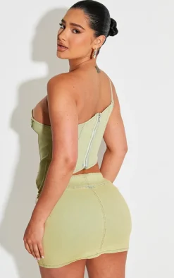Shape Washed Green Denim One Shoulder Asymmetric Seam Detail Crop Top