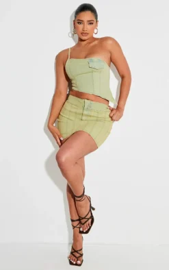 Shape Washed Green Denim Seam Detail Mini Skirt