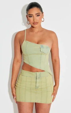 Shape Washed Green Denim Seam Detail Mini Skirt