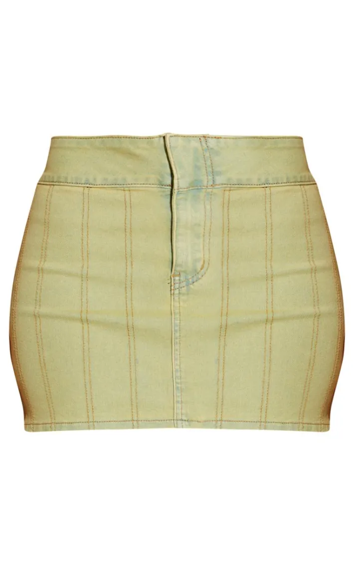 Shape Washed Green Denim Seam Detail Mini Skirt