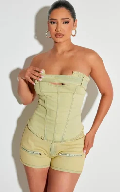 Shape Washed Green Denim Belt Detail Bandeau Crop Top