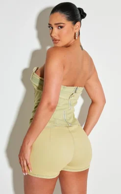 Shape Washed Green Denim Belt Detail Bandeau Crop Top