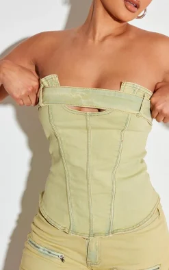 Shape Washed Green Denim Belt Detail Bandeau Crop Top