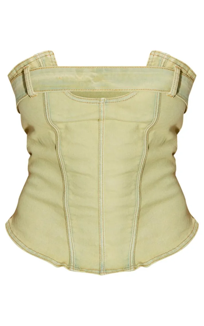 Shape Washed Green Denim Belt Detail Bandeau Crop Top