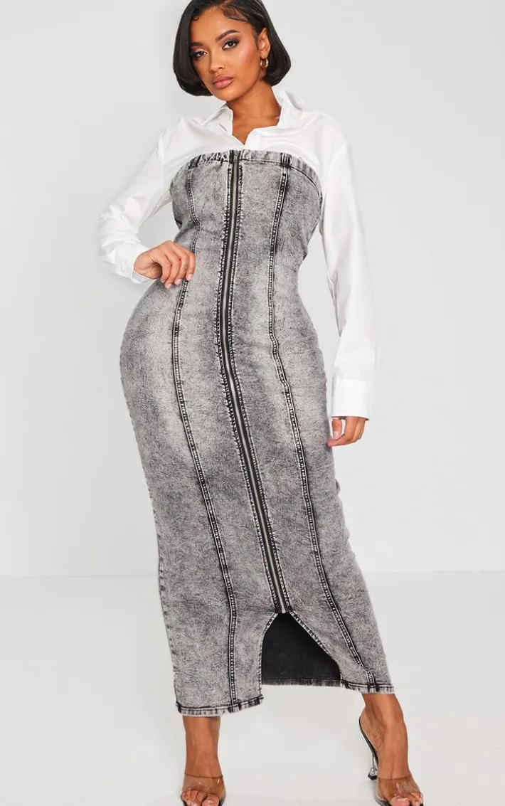 Shape Washed Grey Denim Zip Through Maxi Dress