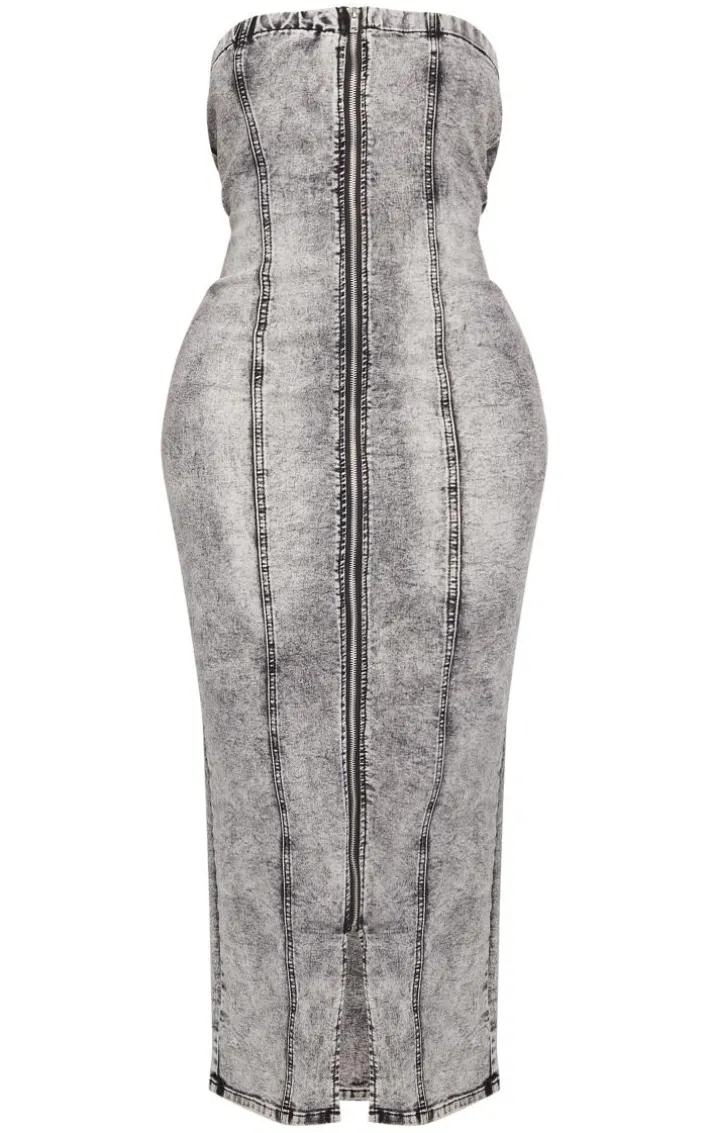 Shape Washed Grey Denim Zip Through Maxi Dress