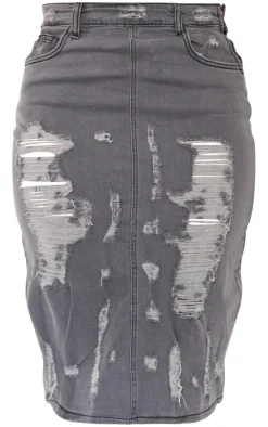 Shape Washed Grey Stretch Denim Frayed Detail Midi Skirt