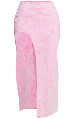 Shape Washed Pink Denim Seam Detail High Split Maxi Skirt