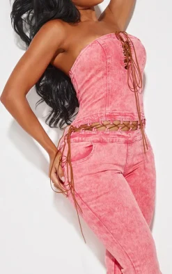Shape Washed Red Denim Bandeau Lace Up Detail Jumpsuit
