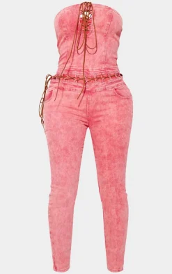 Shape Washed Red Denim Bandeau Lace Up Detail Jumpsuit
