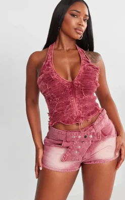 Shape Washed Red Denim Belted Low Rise Shorts