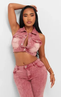 Shape Washed Red Denim Button Front Sleeveless Jacket