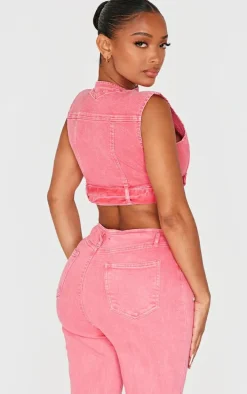 Shape Washed Red Denim Cropped Zip Detail Sleeveless Jacket