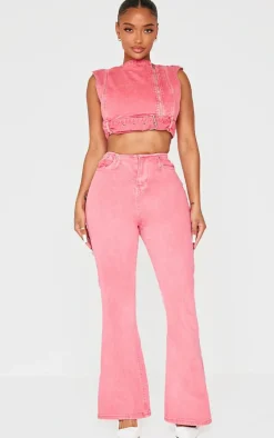 Shape Washed Red Denim Cropped Zip Detail Sleeveless Jacket