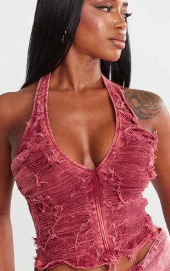 Shape Washed Red Denim Distressed Halterneck Longline Top