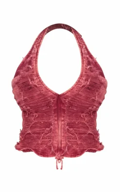 Shape Washed Red Denim Distressed Halterneck Longline Top