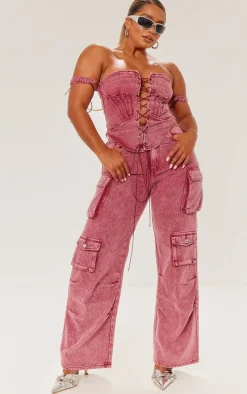 Shape Washed Red Denim Pocket Detail Cargo Jeans