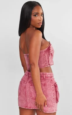 Shape Washed Red Denim Pocket Detail Bandeau Crop Top